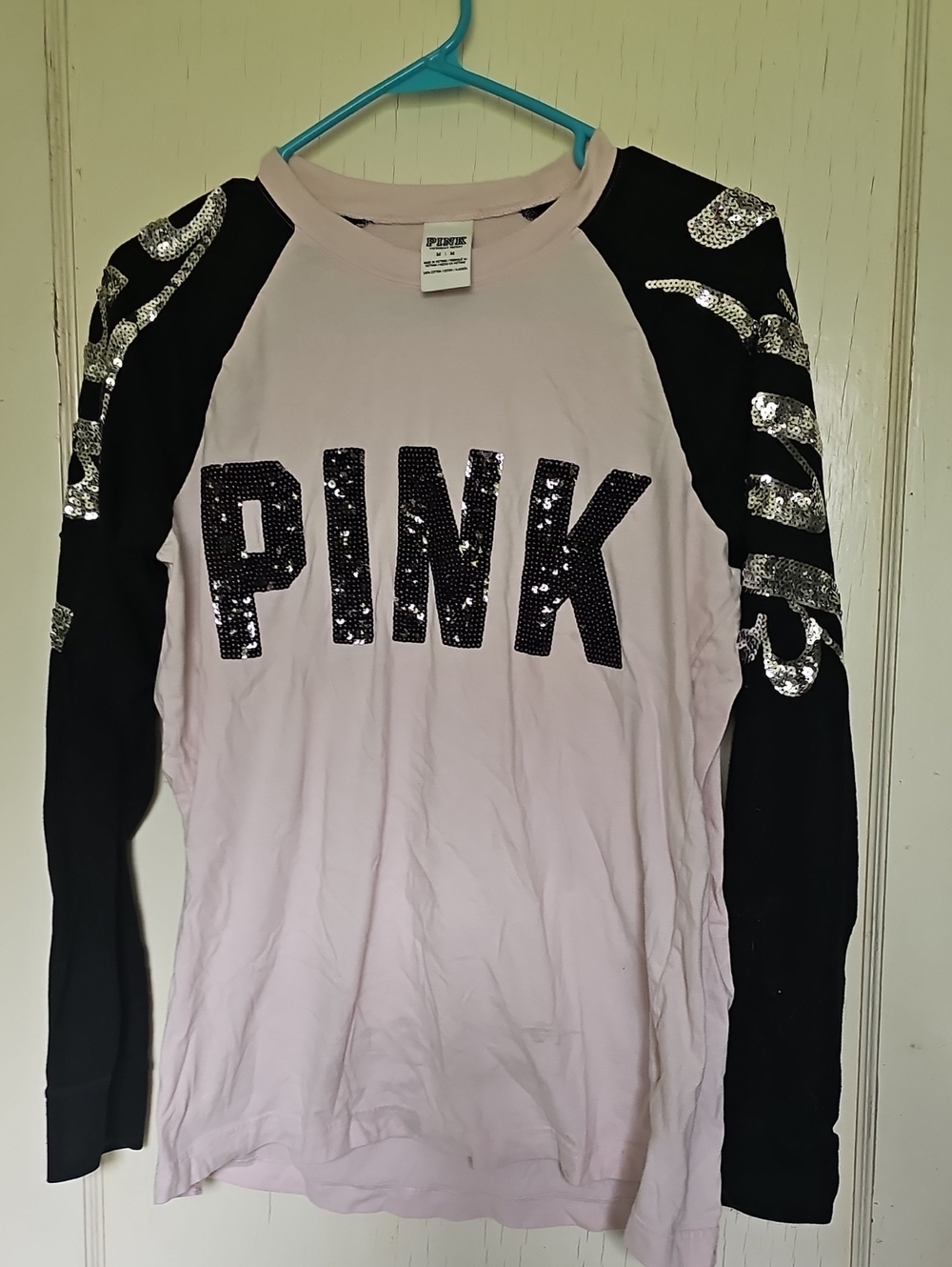 PINK Victoria's Secret Sequin Logo Long-Sleeve Raglan Top - Light Pink & Black